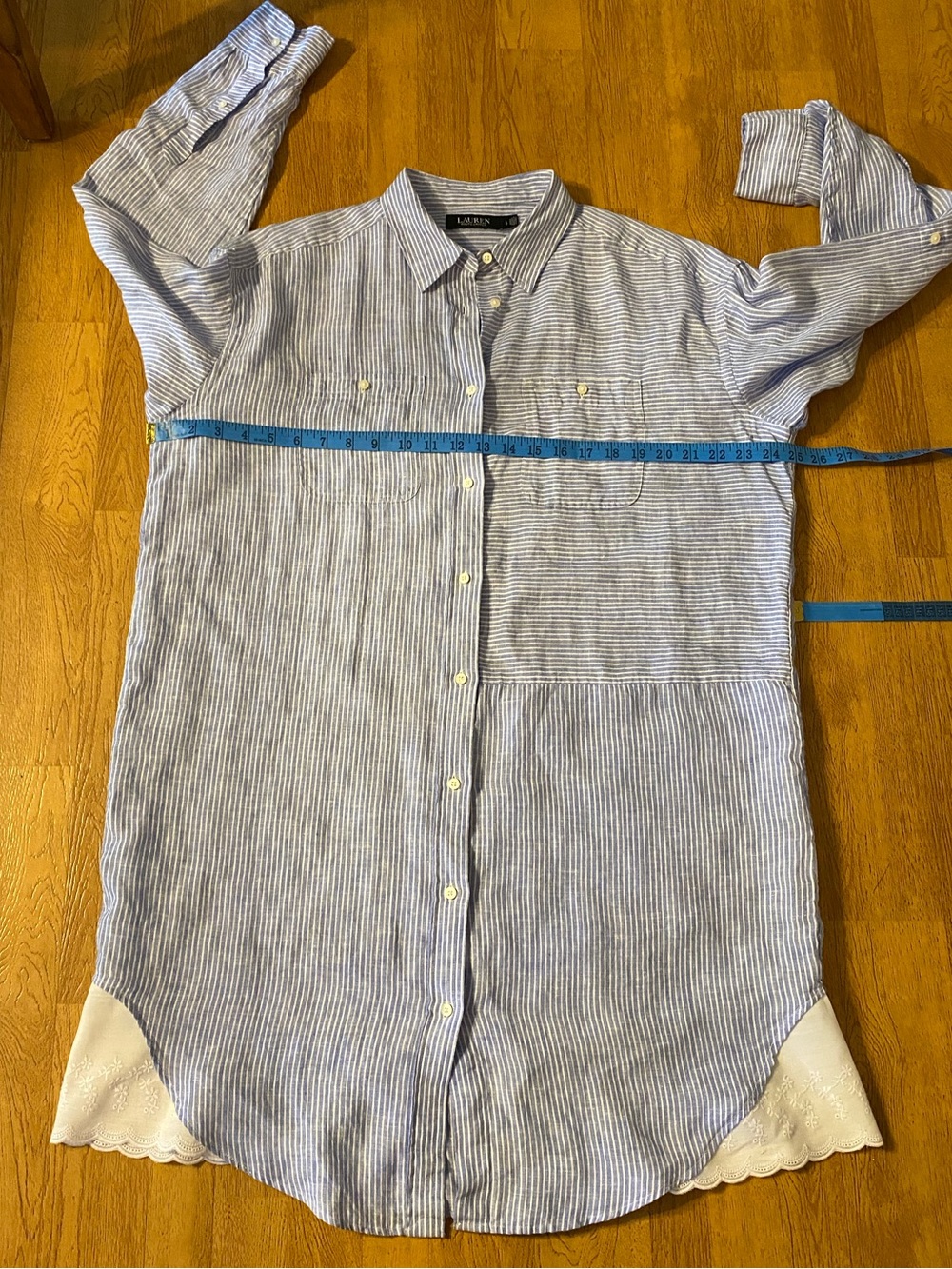 Lauren Ralph Lauren Linen  Blue Stripe Embroidered Hem Shirt Dress Cottagecore - Picture 6 of 14